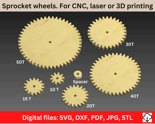 Sprocket wheels set. Gear set. CNC routing, Laser cutting, 3D printing, Hand cut digital files: svg, dxf, pdf, jpg, stl